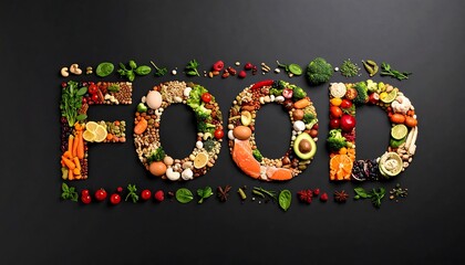 FOOD word art creatively composed of fresh with healthy food items on a dark background.