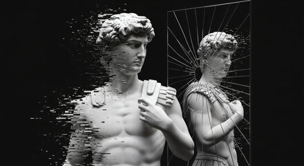 Glitched Greco-Roman statue facing shattered mirror, surreal reflection of identity and technology