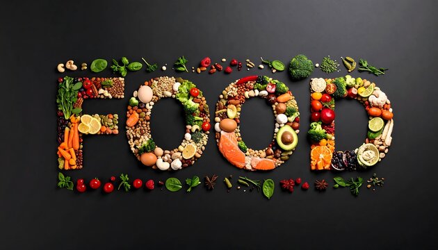 Naklejki FOOD word art creatively composed of fresh with healthy food items on a dark background.