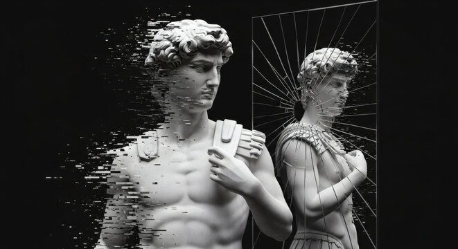 Glitched Greco-Roman statue facing shattered mirror, surreal reflection of identity and technology