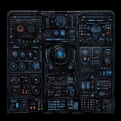 Fototapeta premium Futuristic control panel with numerous digital interfaces and glowing blue accents