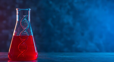 Laboratory flask with DNA helix molecule scientific research biotechnology genetic concept