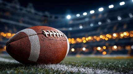 Close-up of a football on the field during an evening game at a stadium