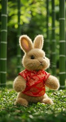 Obraz premium Adorable Fluffy Bunny in Red Traditional Asian Clothing Sitting in Bamboo Forest