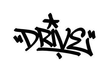 Graffiti tag “Drive” in bold black lettering on transparent background. Urban street style, perfect for dynamic basketball moves and energetic sports designs.
