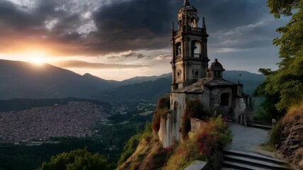 Ancient stone church with bell tower perches atop a flower-covered hill overlooking a valley and distant mountains at dusk