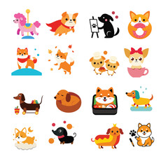 Adorable Cartoon Dog Stickers Featuring Playful Puppies, Food Themes, Costumes, and Cute Animal Expressions.eps