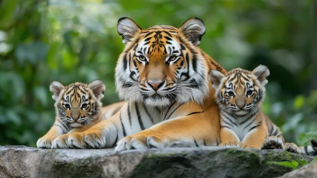 A majestic tiger lies on a rock with two adorable tiger cubs, surrounded by lush green foliage.
