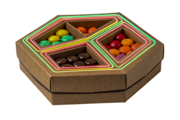Colorful Candy in a Hexagonal Box with Neon Trim on Transparent Background, ai generated