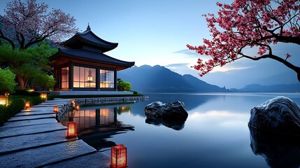 Fototapeta premium Tranquil Lakeside Temple with Cherry Blossoms at Dusk
