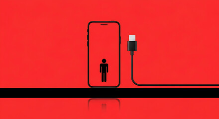 Schematic illustration showing a man icon inside a mobile phone screen with a charging cable connected from the outside. Digital addiction and over-reliance on technology concept.