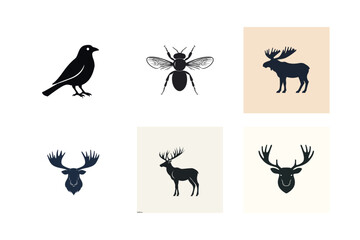 Silhouette icons of birds insects and deer