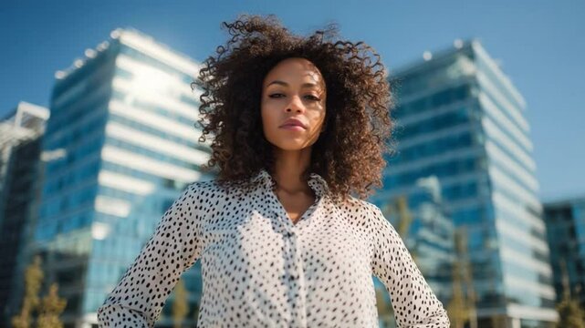 Confident Urban Pioneer: A poised professional woman stands tall, her gaze unwavering, against the backdrop of modern architectural marvels, showcasing self-assuredness and urban sophistication.