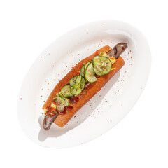 Isolated appetizing hotdog with cucumber and jalapeno