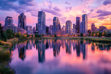 Fototapeta premium City skyline reflecting in river with a beautiful sunset in the background