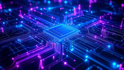 Obraz premium Futuristic CPU Chip Neon glowing processor technology with digital circuit board, and 3D render.