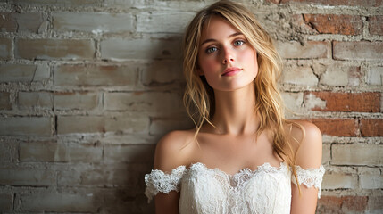 A Woman in a Radiant White Dress Posing Gracefully Against a Weathered Brick Wall, Bathed in Soft Lighting