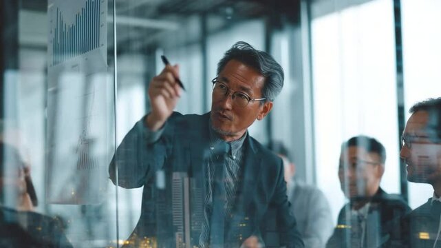 Business Discussion: A focused business professional, leading a dynamic team discussion, dissects intricate charts in a modern, bright office setting.