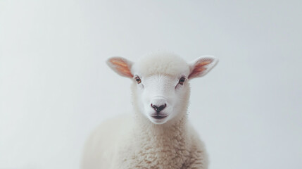 A young white sheep standing against a plain white background