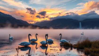 Serene Swans at Sunrise, Majestic Mountain Lake