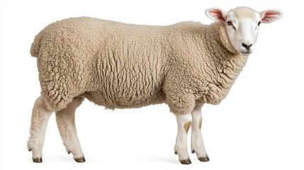 A young white sheep standing against a plain white background