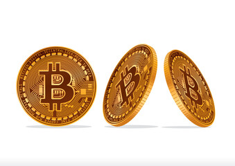 Three Bitcoin coins positioned at various angles showcasing digital currency design and secure financial transactions on a clean background.