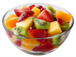 Fresh fruit salad featuring a colorful assortment of strawberries, kiwis, oranges, and melons in a clear bowl on a white background
