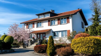 Fototapeta premium Charming family house with garden and blooming cherry tree