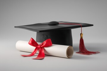 Celebrating academic achievements with a graduation cap and rolled diploma adorned with a red ribbon, symbolizing success and new beginnings in education