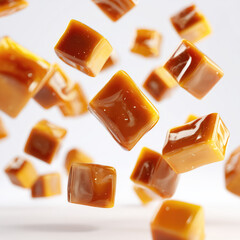 Caramel Candy Pieces Floating in the Air with Rich Gold Glow on Transparent Background

