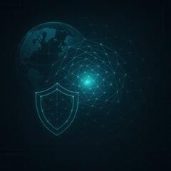 Global Cyber Defense Core with Shield and Wireframe Earth