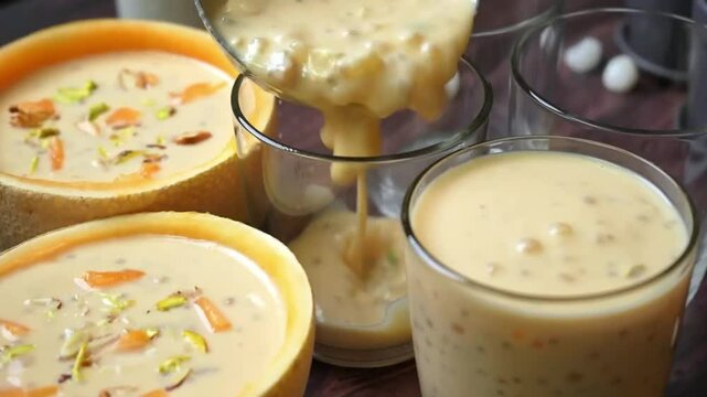 Creamy muskmelon milk shake blended with fresh fruits and crunchy nuts, a refreshing and nutritious summer drink perfect for cooling off, health boost, and party refreshments.