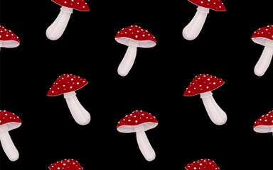 Seamless pattern red fly agaric mushrooms on a black background, perfect for backgrounds, textiles, paper. Seamless pattern. Vector illustration.