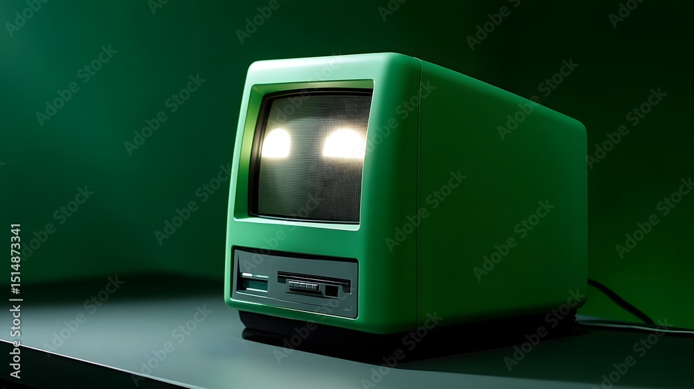 Wall mural retro green computer with glowing display and sci-fi aesthetic