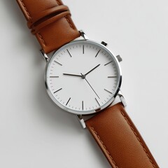 Minimalist wristwatch with leather strap displayed on a white background showcasing modern design and elegance for everyday wear