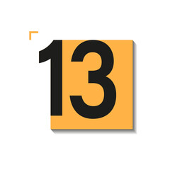 Vector icon of day 13 from full calendar set. Bold black number on orange square with soft shadow and clean layout. Ideal for UI, planners, and printable templates
