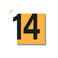 Fototapeta premium Vector icon of day 14 from full calendar set. Bold black number on orange square with soft shadow and clean layout. Ideal for UI, planners, and printable templates
