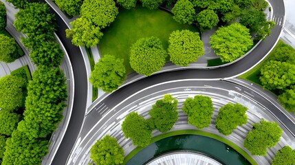 Aerial view of a winding road through a lush green city park