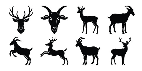 Silhouette vector set of deer giraffe and other got animals in black illustration style with white backgrounds 