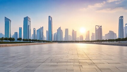 Obraz premium Empty square floor and bridge with modern city buildings scenery at sunrise in Shenzhen, China. Outdoor city background.