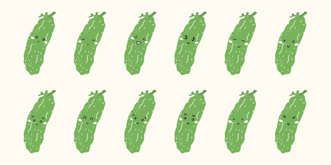 Cute kawaii cucumber vector stickers with funny faces and emotions: happy, sad, angry, surprised. Flat characters for kids, education, and healthy eating designs