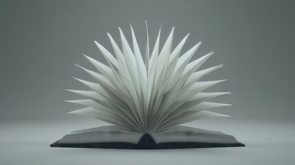 An open book with fanned pages against a neutral backdrop.