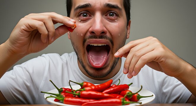 Spicy Food Challenge Man Crying Overwhelmed by Hot Pepper