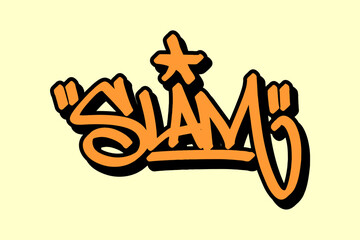 Graffiti tag “Slam” in orange lettering with black outline on yellow background. Represents the excitement of slam dunks in street basketball, perfect for energetic urban and hip hop visuals. © dirtyfellas