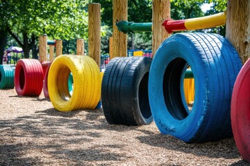 Colorful playground adventure with tire structures outdoor park high-resolution image bright environment close-up view joyful concept
