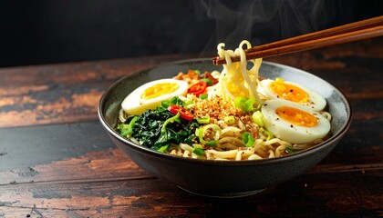 Steaming Bowl of Asian Noodles with Eggs and Chili – Ultra-Realistic Food Photography
