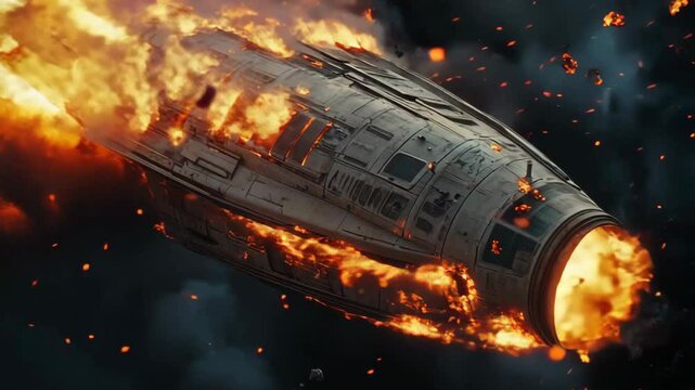 A burning spacecraft streaks through a dark sky in dramatic destruction.
