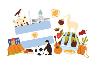 Fototapeta premium Travel to Argentina, traditional Argentinian culture elements and famous food, animals and architecture in infographic collage. Empanada and bandoneon, guitar and penguin cartoon vector illustration