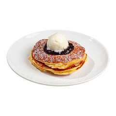 Portion of pancakes with blueberries and ice cream