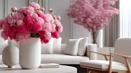 Lush pink floral arrangement in modern interior setting